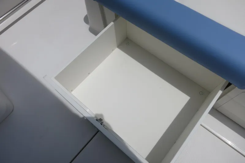 Slide: The Image of Open storage compartment on 2025 Robalo R317 Dual Console boat. - 37