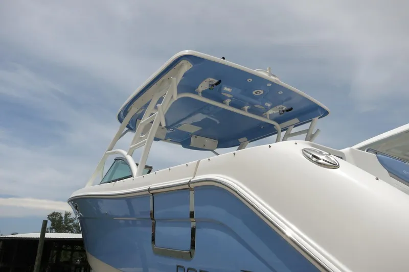 Slide: The Image of 2025 Robalo R317 Dual Console boat with sleek design and blue accents. - 7