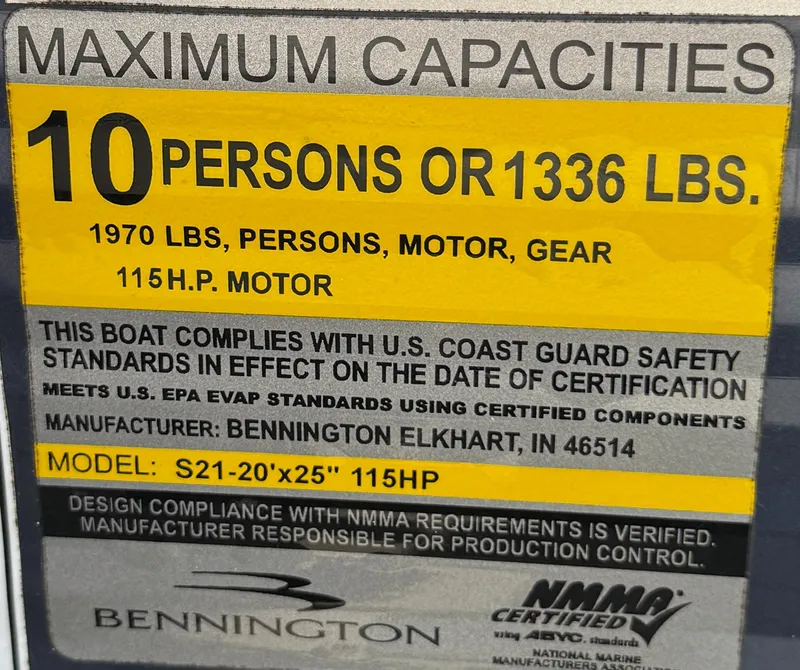 Slide: The Image of 2019 Bennington SX 21 SSRCX capacity label, 10 persons or 1336 lbs, 115 HP motor. - 29