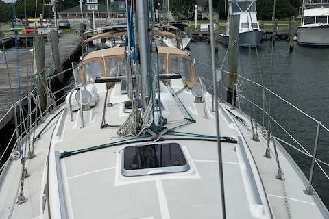 Slide: The Image of Sailboat docked at marina, 2003 Caliber 40LRC model, view from deck. - 7