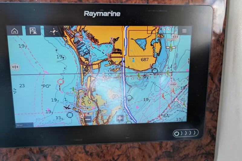 Slide: The Image of Raymarine navigation display on 2007 Sea Ray 340 Sundancer, showing detailed nautical chart. - 14