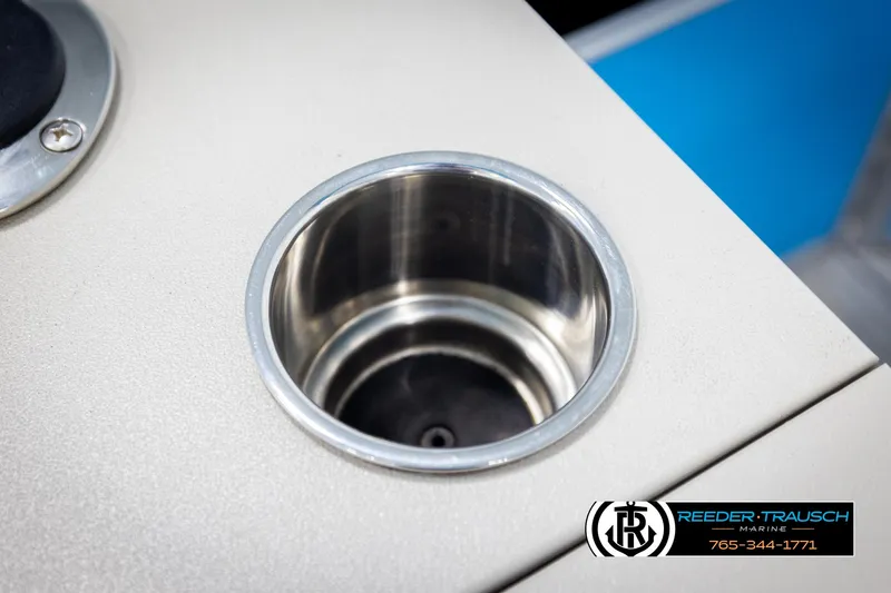 Slide: The Image of Cup holder on 2020 Trifecta 20 RFC CS boat console, Reeder-Trausch Marine logo visible. - 45