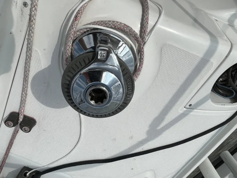 Slide: The Image of Close-up of a Lewmar winch on a 2000 Hunter 340 sailboat deck. - 17