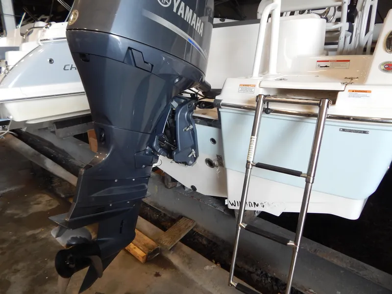 Slide: The Image of 2019 Robalo R202 Explorer with Yamaha outboard motor and boarding ladder. - 25