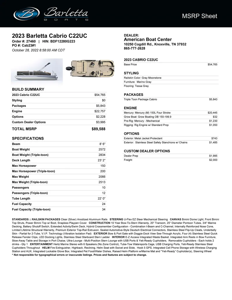 Slide: The Image of 2023 Barletta Cabrio 22UC MSRP sheet with specifications and pricing details. - 15