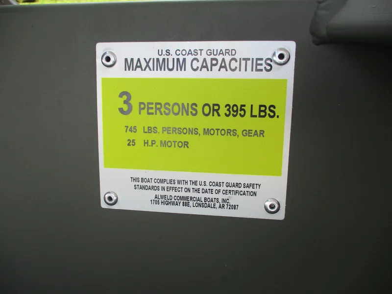 Slide: The Image of 2025 Alweld 1448 DS boat capacity label, 3 persons or 395 lbs, 25 HP motor. - 9
