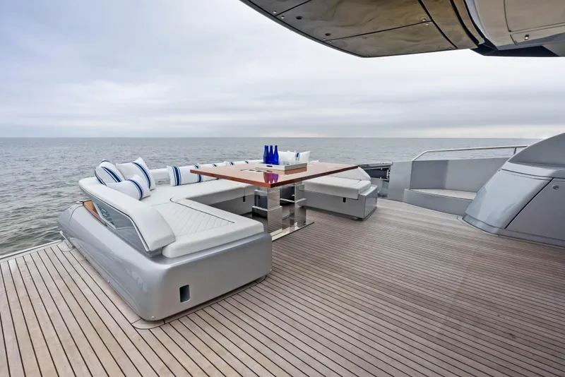 Slide: The Image of Luxury deck seating on 2021 Riva 88' FOLGORE yacht with ocean view. - 10