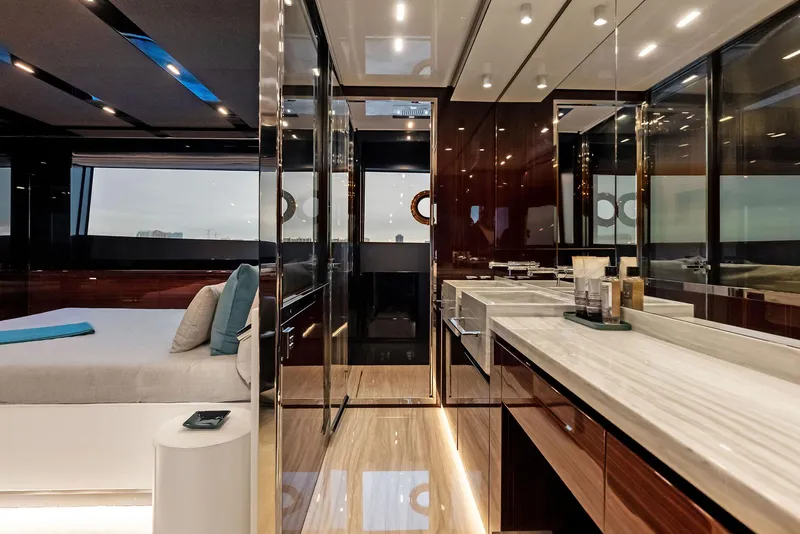 Slide: The Image of Luxurious interior of 2021 Riva 88' FOLGORE yacht with modern bedroom and bathroom. - 41