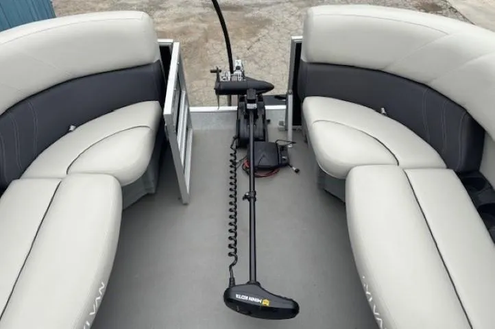 Slide: The Image of 2021 Sylvan Mirage 820 Cruise interior with gray seating and trolling motor. - 6