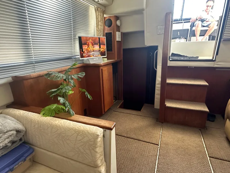 Slide: The Image of Interior of 1993 Carver 350 Aft Cabin with TV, plant, and stairs. - 9