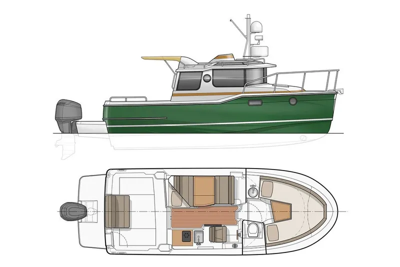 Slide: The Image of Manufacturer Provided Image: 2025 Ranger Tugs R-23 boat design, side and top view, green hull, compact layout. - 15
