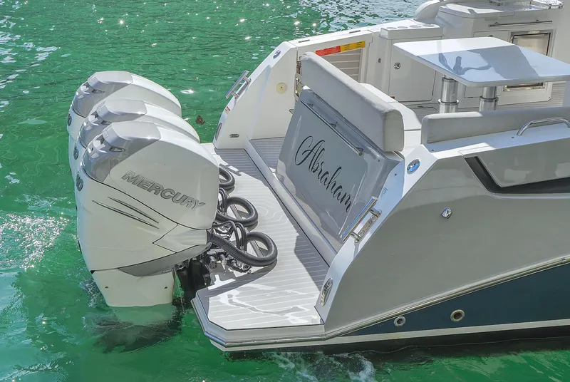 Slide: The Image of Azimut Verve 40 yacht, 2020 model, with powerful Mercury outboard engines on turquoise water. - 40