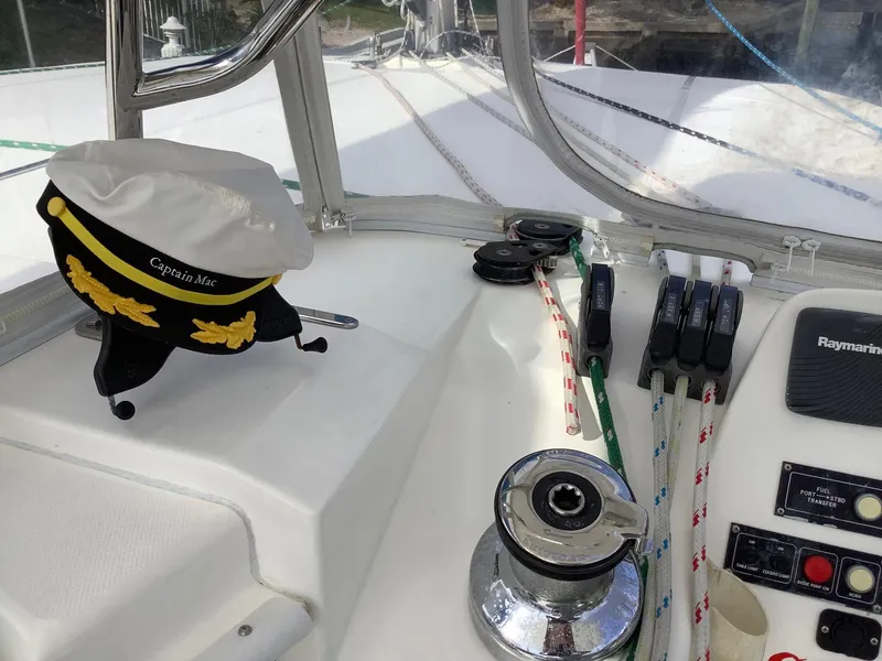 Slide: The Image of Sailing yacht cockpit with captain's hat, winch, and control panel, Leopard 44, 2013 model. - 43