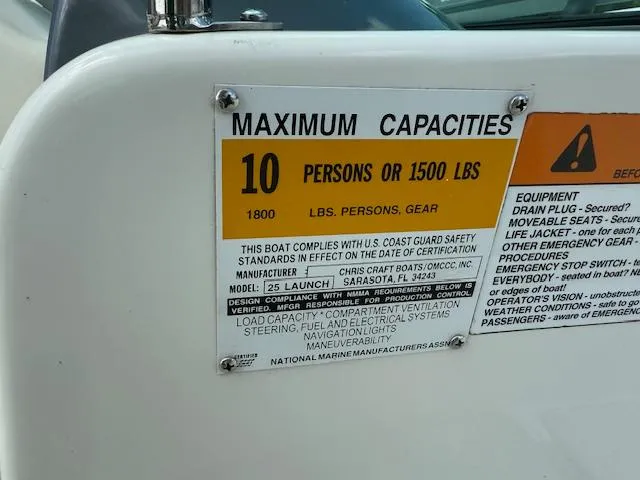 Slide: The Image of 2001 Chris-Craft Launch 25 capacity label, maximum 10 persons or 1500 lbs. - 8