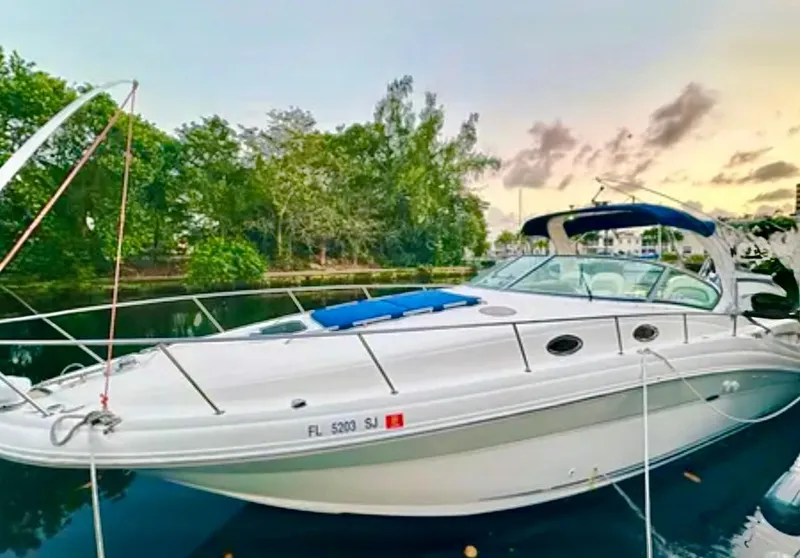 Slide: The Image of Luxurious cabin interior of 2004 Sea Ray 340 Sundancer with cozy bedding and elegant decor. - 22
