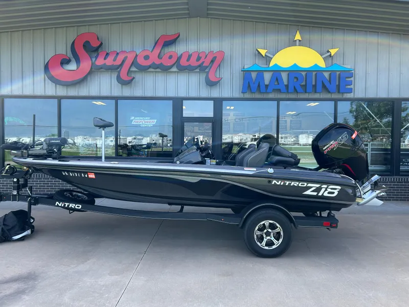 Slide: The Image of 2022 Nitro Z-18 boat displayed at Sundown Marine dealership. - 0
