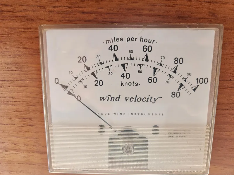 Slide: The Image of Wind velocity gauge on 1973 Grand Banks 36 Classic, displaying speed in knots and miles per hour. - 22
