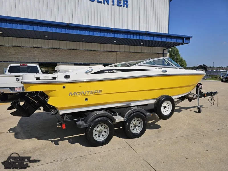 Slide: The Image of Yellow 2015 Monterey 196MFS boat on trailer outside a building. - 13