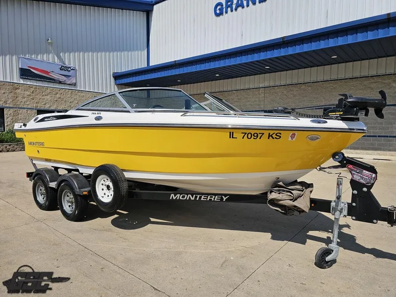Slide: The Image of Yellow 2015 Monterey 196MFS boat on trailer, parked outside a building. - 15