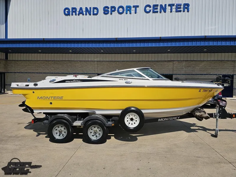 Slide: The Image of Yellow 2015 Monterey 196MFS boat on trailer at Grand Sport Center. - 3