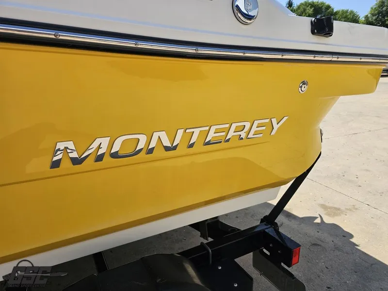 Slide: The Image of Yellow 2015 Monterey 196MFS boat on trailer, showcasing brand logo. - 35