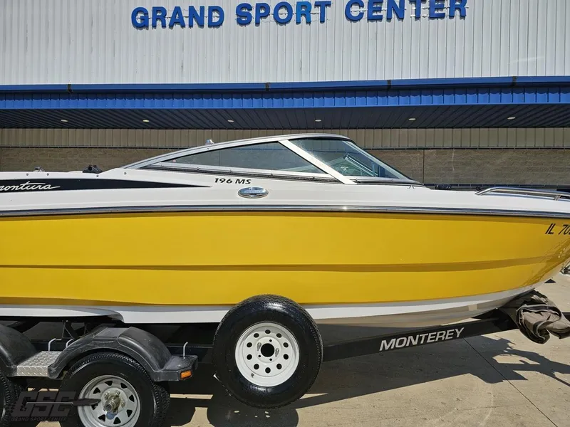 Slide: The Image of Yellow 2015 Monterey 196MFS boat on trailer at Grand Sport Center. - 5