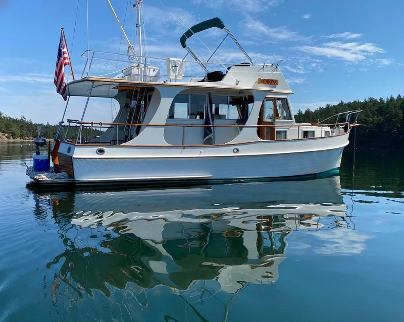 Slide: The Image of 1990 Grand Banks 36 Europa yacht on calm water with American flag. - 4