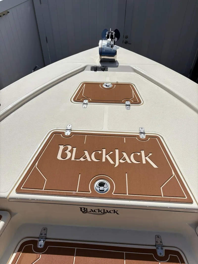 Slide: The Image of 2019 BlackJack 224 boat deck with logo and storage compartments. - 20