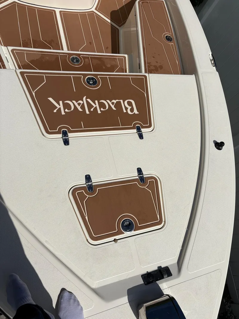 Slide: The Image of 2019 BlackJack 224 boat deck with brown hatches and logo. - 32