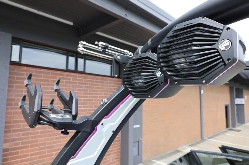 Slide: The Image of 2025 Tigé Z3 boat speakers and wakeboard rack, close-up view. - 32