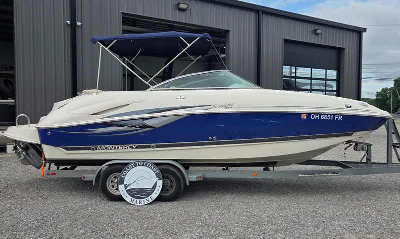 Slide: The Image of 2004 Monterey 233 Explorer boat on trailer, parked outside a marine facility. - 2