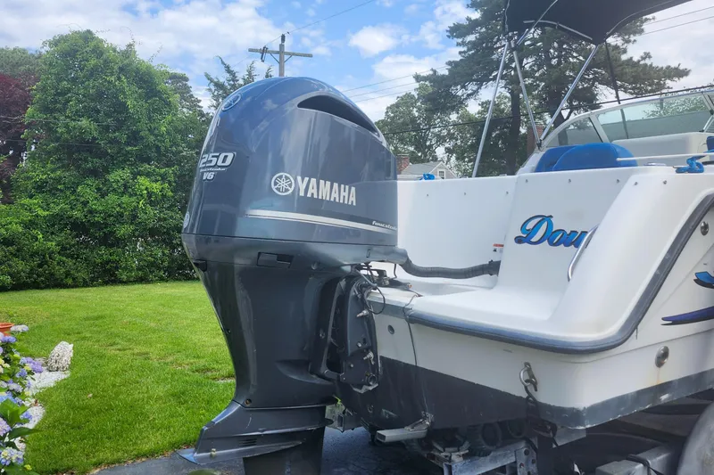 Slide: The Image of 2006 Hydra-Sports 202 DC boat with Yamaha 250 engine, parked on a lawn. - 4