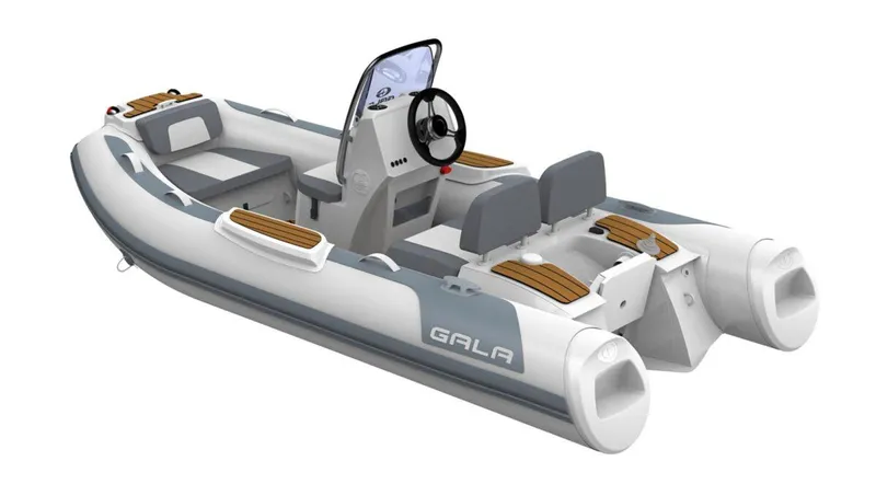 Slide: The Image of 2026 Gala V330 inflatable boat with steering console and seating, featuring sleek design and wood accents. - 11