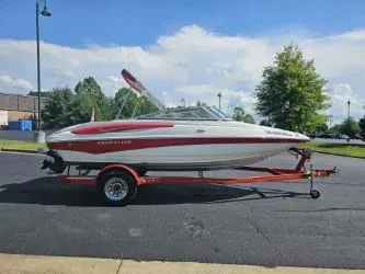 Slide: The Image of 2008 Crownline 19 SS boat on trailer, parked outdoors under a clear sky. - 4