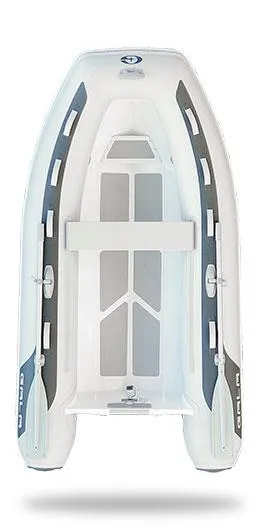 Slide: The Image of Inflatable boat, Gala A300, 2026 model, top view, white and gray design. - 11