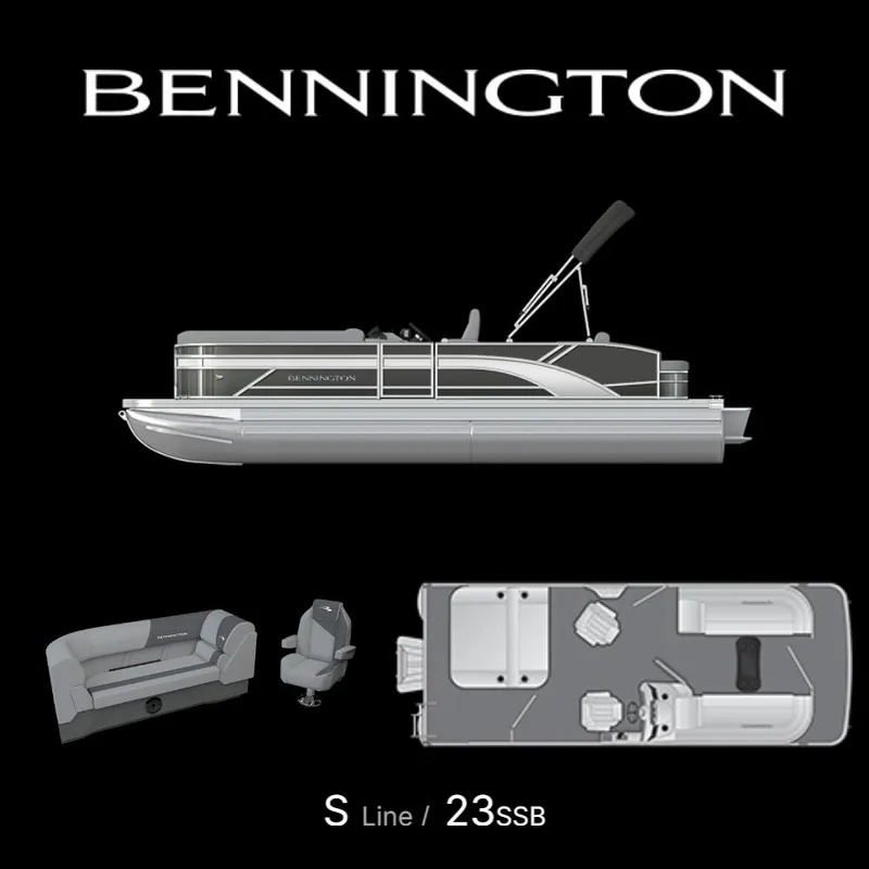 Slide: The Image of 2025 Bennington 22 SSB pontoon boat with interior layout and seating design. - 11
