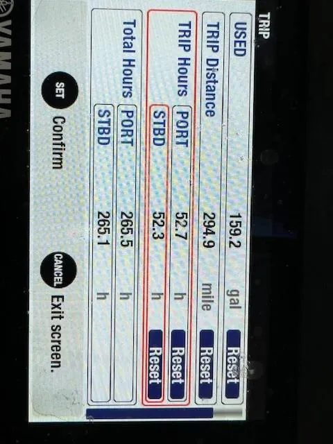 Slide: The Image of Yamaha boat display showing trip data: hours, distance, and fuel used. Parker 2520 XLD Sport Cabin 2021. - 24
