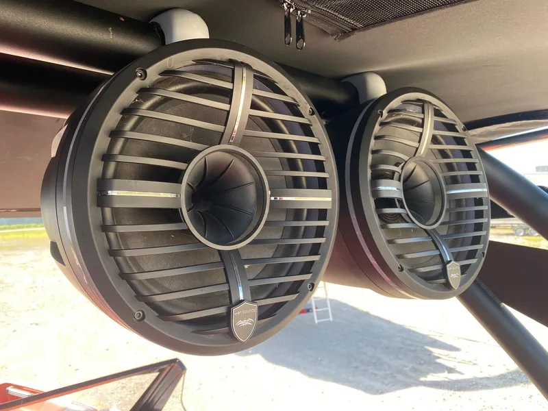 Slide: The Image of 2021 ATX Surf Boats 22 Type-S speakers, featuring dual Wet Sounds marine audio system. - 12