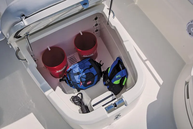 Slide: The Image of Storage compartment on 2021 Boston Whaler 270 Dauntless with gear and buckets. - 30