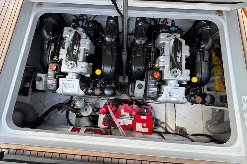 Slide: The Image of Engine compartment of 2021 Fairline F//Line 33 with twin V8 engines and equipment. - 21
