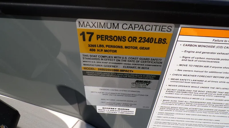 Slide: The Image of Capacity label on 2025 Godfrey Sweetwater 2486 SFLC boat, max 17 persons or 2340 lbs. - 17