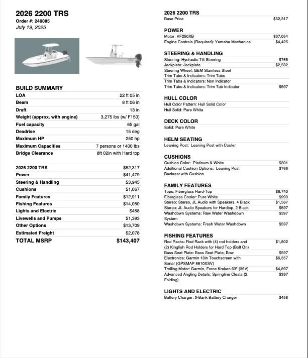 Slide: The Image of 2026 Pathfinder 2200 TRS boat specifications and pricing details, featuring power, steering, and fishing features. - 8
