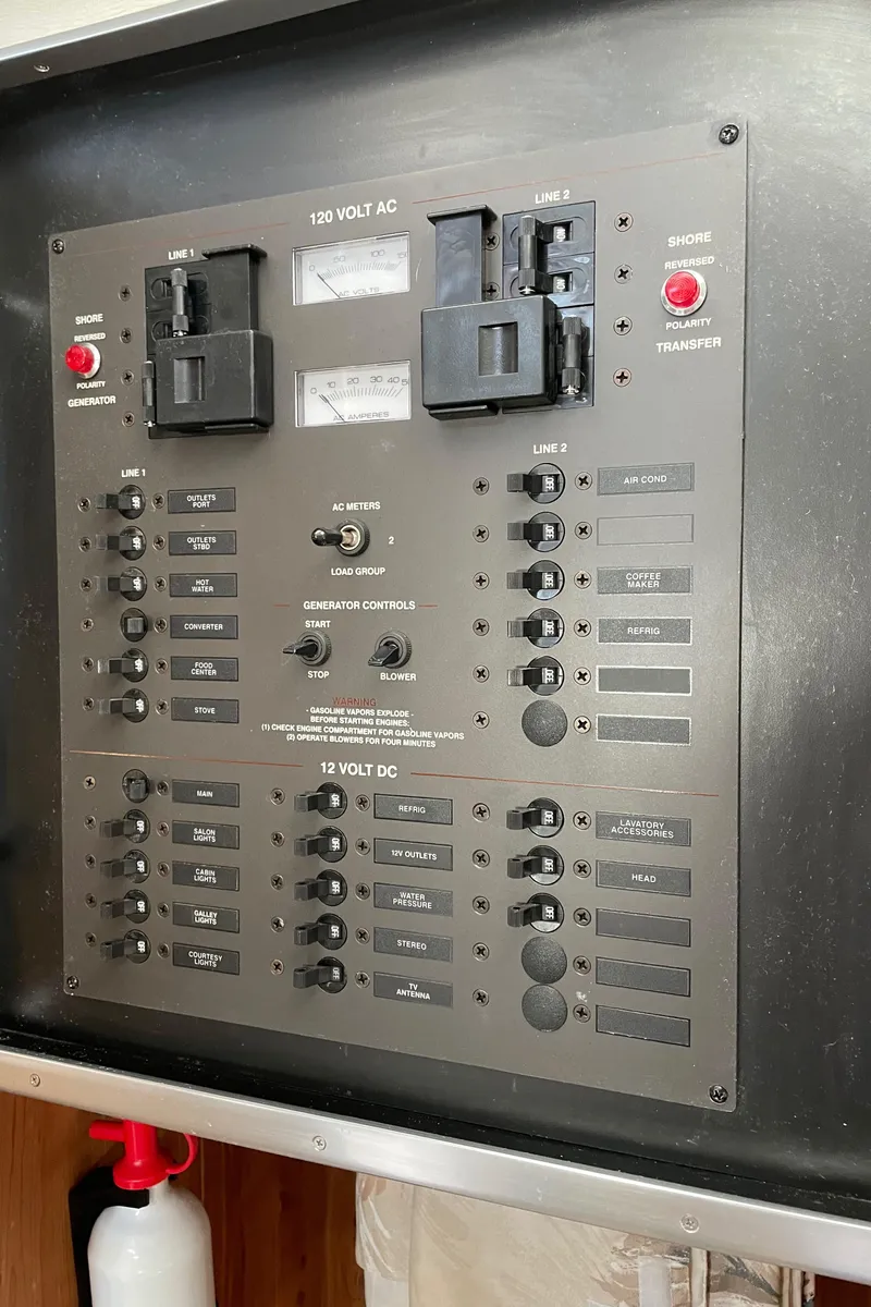 Slide: The Image of Electrical panel of a 1999 Wellcraft 3600 Martinique boat, featuring 120V AC and 12V DC controls. - 21