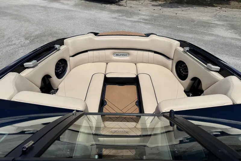 Slide: The Image of Luxurious interior of 2020 Supra SE 450 boat with beige seating and premium sound system. - 10