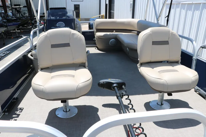 Slide: The Image of 2021 Sun Tracker Bass Buggy 16 XL pontoon boat interior with beige seating. - 13