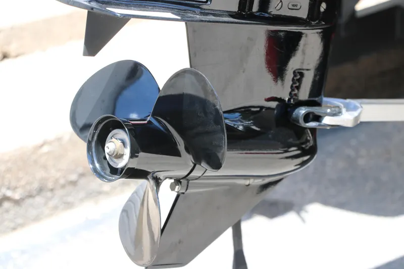 Slide: The Image of Close-up of a 2021 Sun Tracker Bass Buggy 16 XL boat propeller. - 7