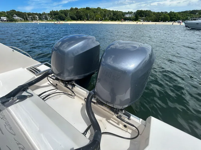 Slide: The Image of Twin outboard motors on a 2007 Grady-White Express 305, near a scenic beach. - 10