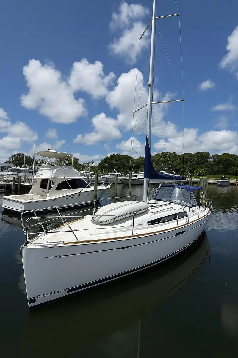 The Image of 2016 Beneteau Oceanis 45 sailboat docked in a marina under a blue sky. - 0
