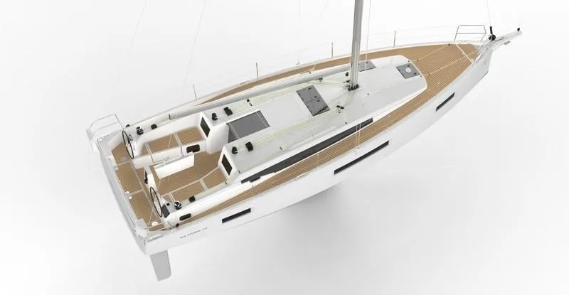 Slide: The Image of 2023 Jeanneau Sun Odyssey 410 sailboat, top view, showcasing sleek design and spacious deck. - 24