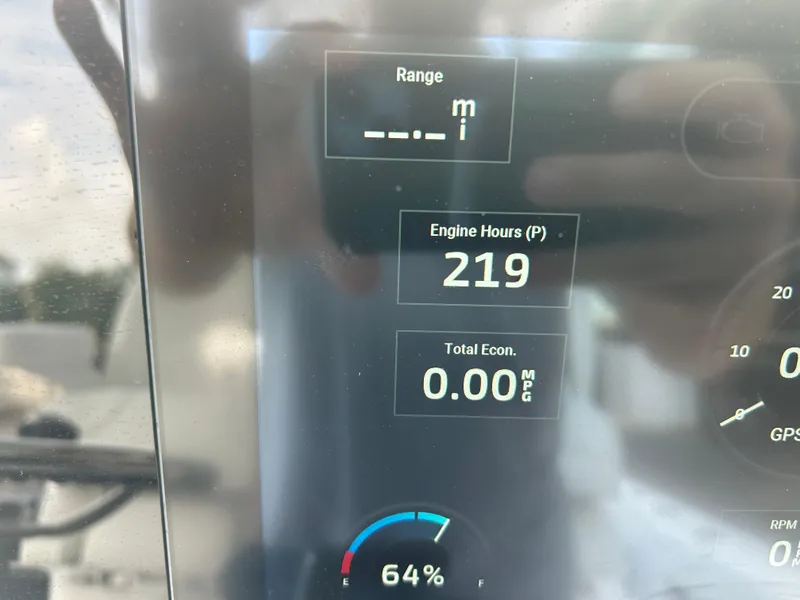 Slide: The Image of Dashboard of 2023 Sportsman Masters 267OE Bay Boat showing 219 engine hours. - 43